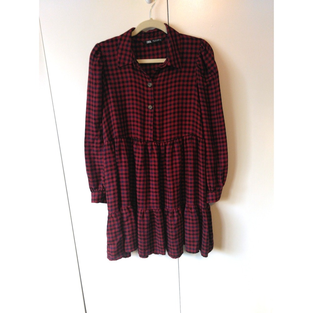 Zara Plaid Tiered Mini Dress Womens Size L  Red/Black  Gingham Cottage Babydoll